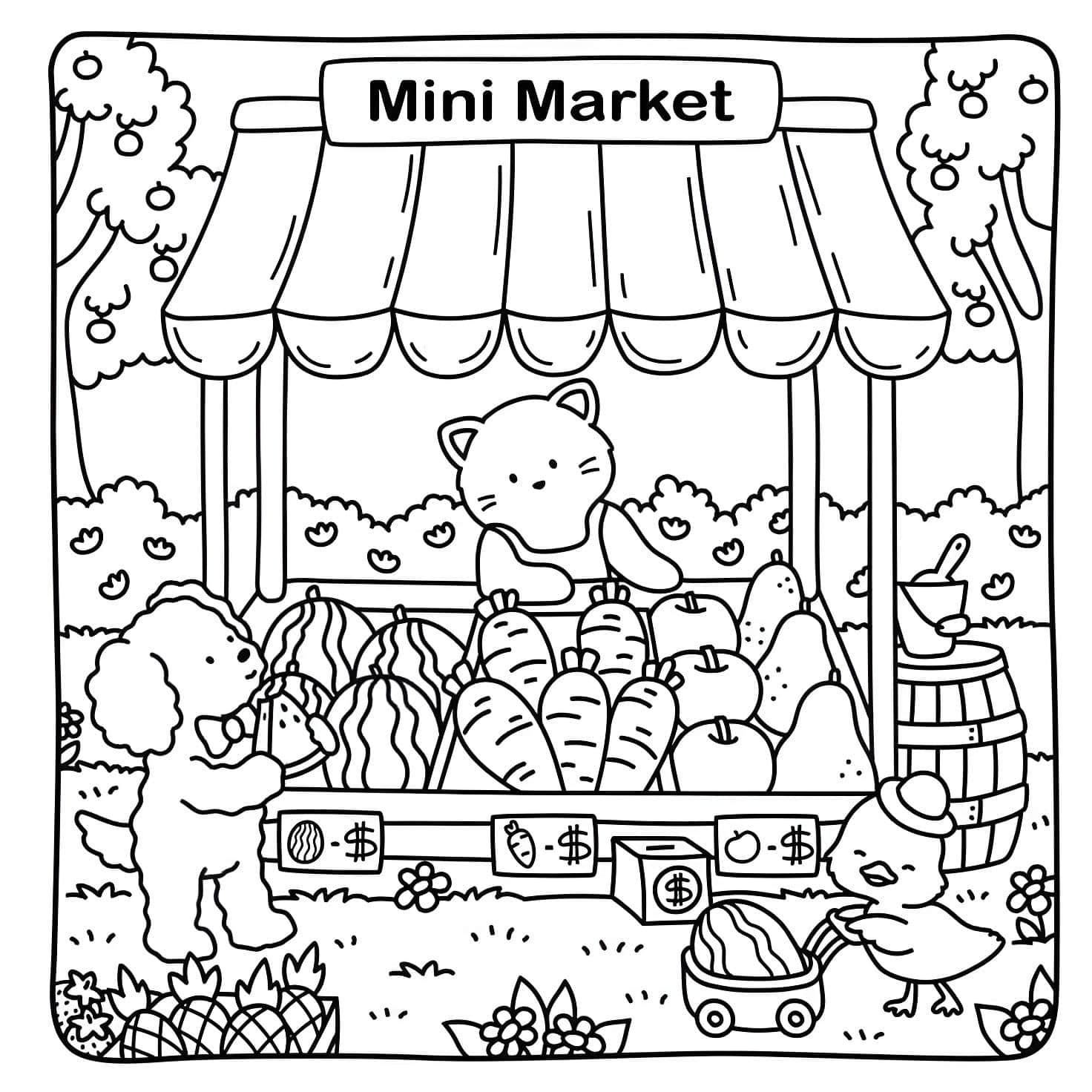 Imagem de mini mercado com gatinhos e cachorros bobbie goods para colorir