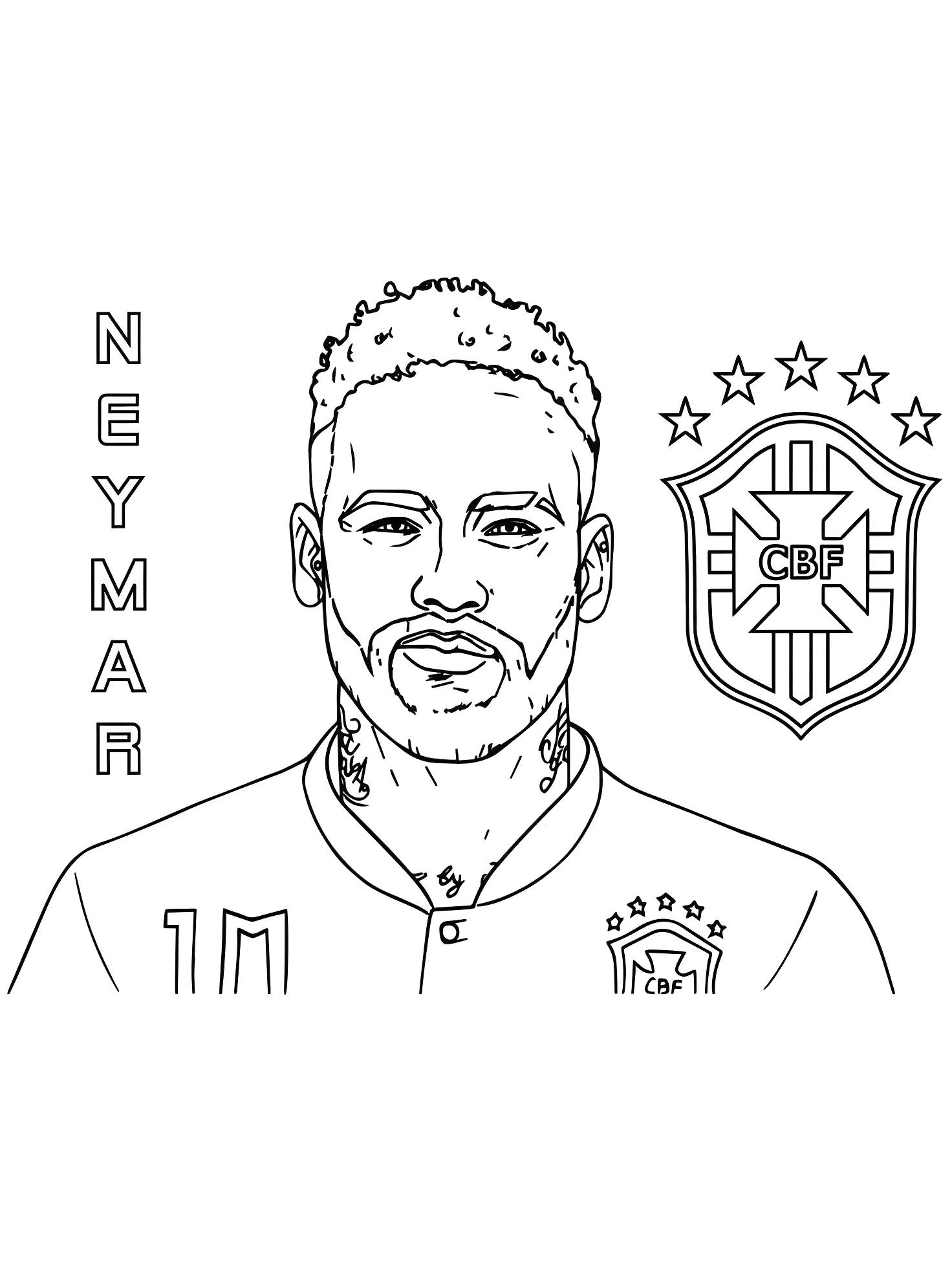 Imagem de retrato de Neymar Jr com escudo da cbf para colorir