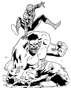 Imagem do hulk e homem aranha em batalha para colorir